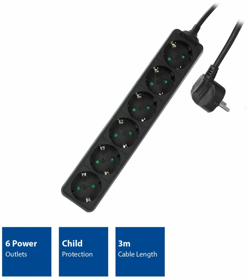 ACT Stekkerdoos, 6 sockets, 3 m, zwart